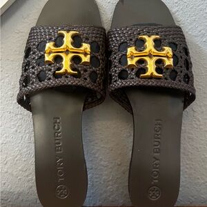 Tory Burch Eleanor Woven Brown Slide Sandals with Gold Logo Size 9